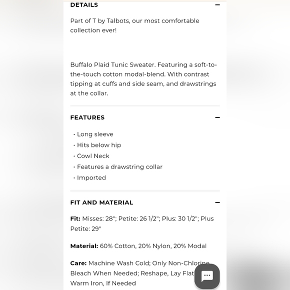 T By Talbots Buffalo Plaid Crew Neck Tunic Sweater Size PS Oversized NWT Cotton - Picture 12 of 12